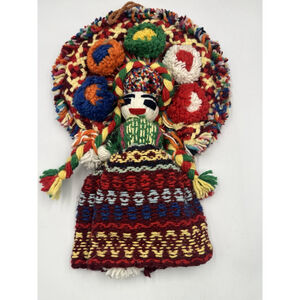 Vintage Folk Art Handmade Yarn Doll Colorful MEXICAN W/ Yarn Hanger COLLECTIBLE